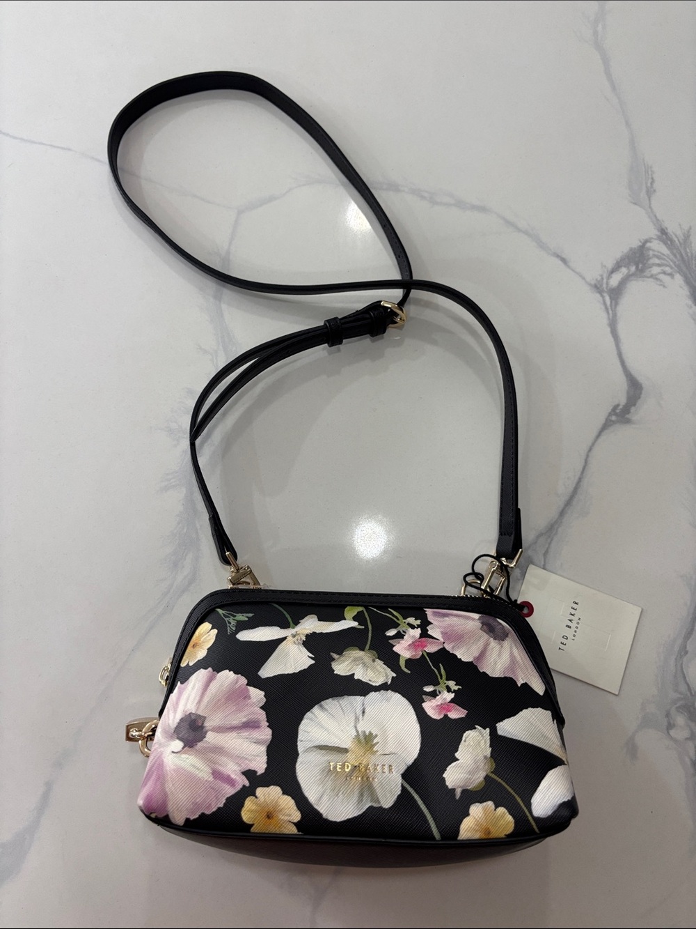 Ted Baker Black Floral Crossbody Bag with Pink & Cream Blooms